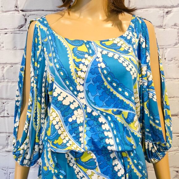 NIKKI POULOS, Turquoise/lime green print cold shoulder maxi Hydra dress - Picture 8 of 15